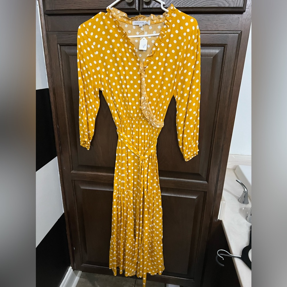 Mustard with white polka dot midi dress.